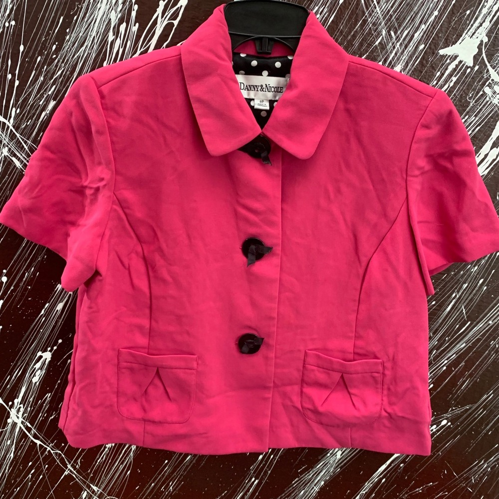 Danny & Nicole Hot Pink Short Sleeve Cropped Blazer Jacket 8P Polka Dot Lining